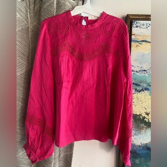 Anthropologie Womens Embroidered Peasant Blouse Top Size S Magenta Long Sleeve - Picture 5 of 14